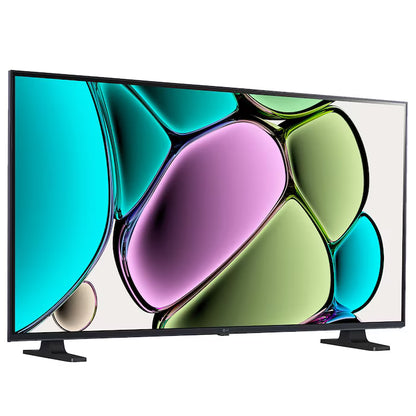 Pantalla LG 32" HD Smart TV con marco delgado y base en V negra mostrando gráficos coloridos.