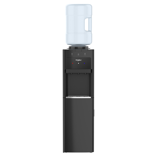 Dispensador de agua Whirlpool negro con refrigerador y tres llaves, botella superior transparente.